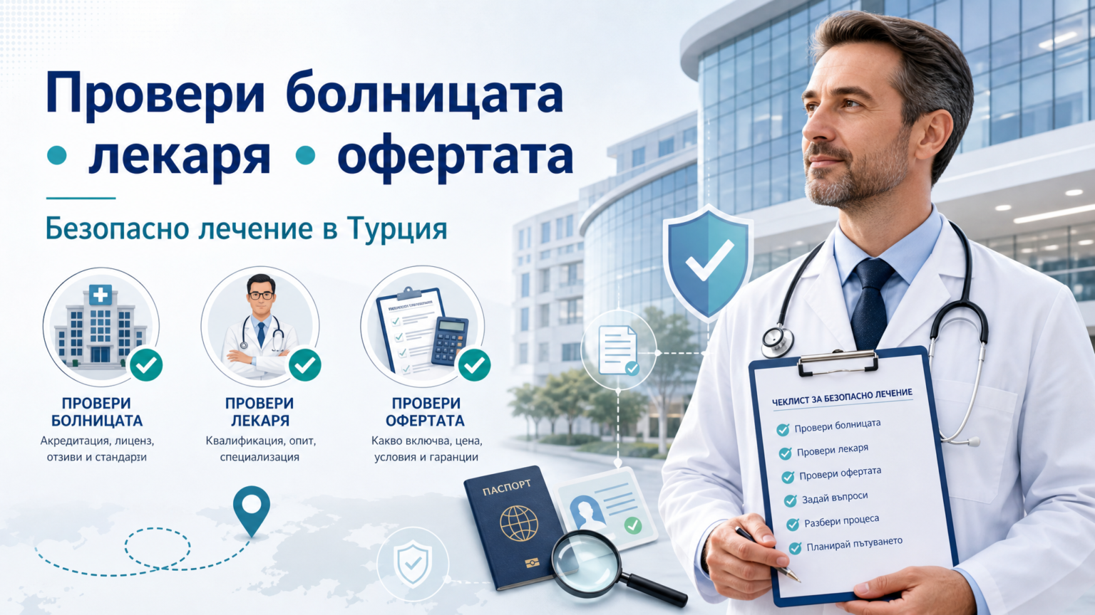 Bulgarian infographic-style featured image about verifying hospital, doctor, and offer for safe medical treatment in Turkey.
